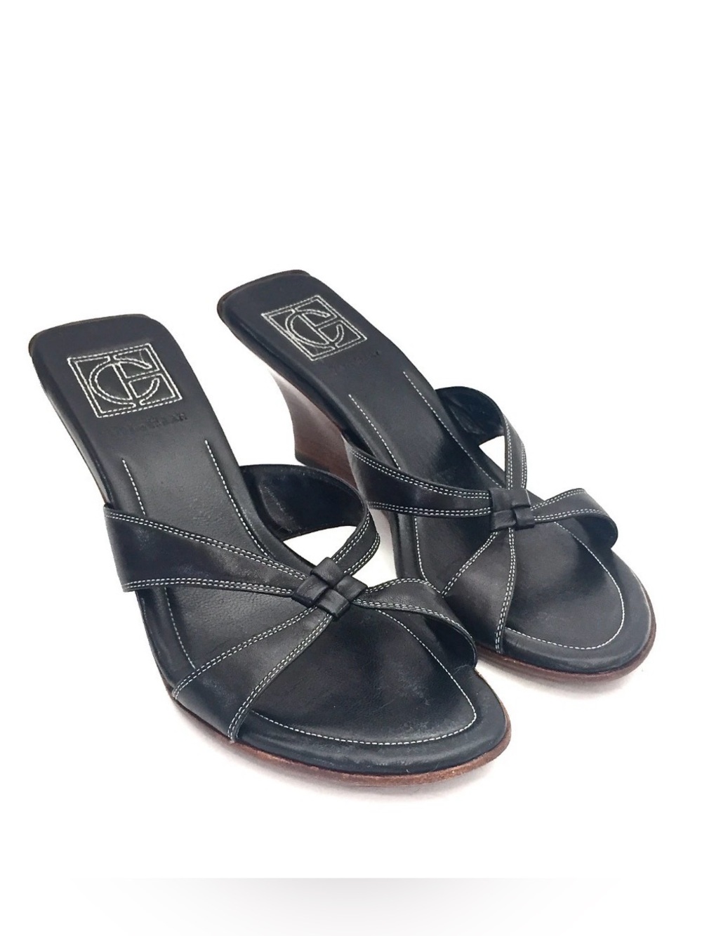 Cole Haan Black Leather Woodne Wedge Slide Sandals With white stitching -10.5